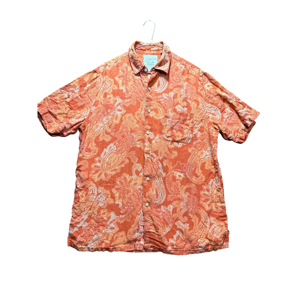 Tasso Elba Island Shirt Mens Medium Orange Paisley Silk Linen Short Sleeve
